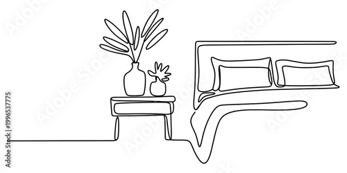 Continuous single line drawing of a modern bedroom interior with a bed nightstand and plants in vases Vector, illustration