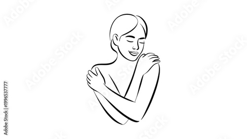Woman embracing herself with a happy and content expression Vector