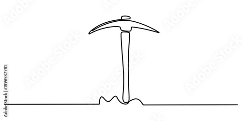 Continuous one line drawing of a pickaxe tool used for mining and digging in the ground Vector, illustration