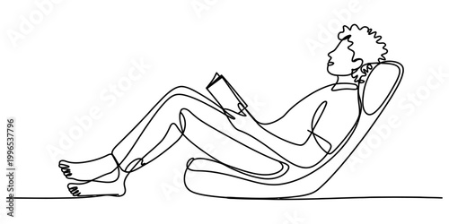 Young man sitting in a lounge chair reading a book in a continuous single line drawing style Vector, illustration