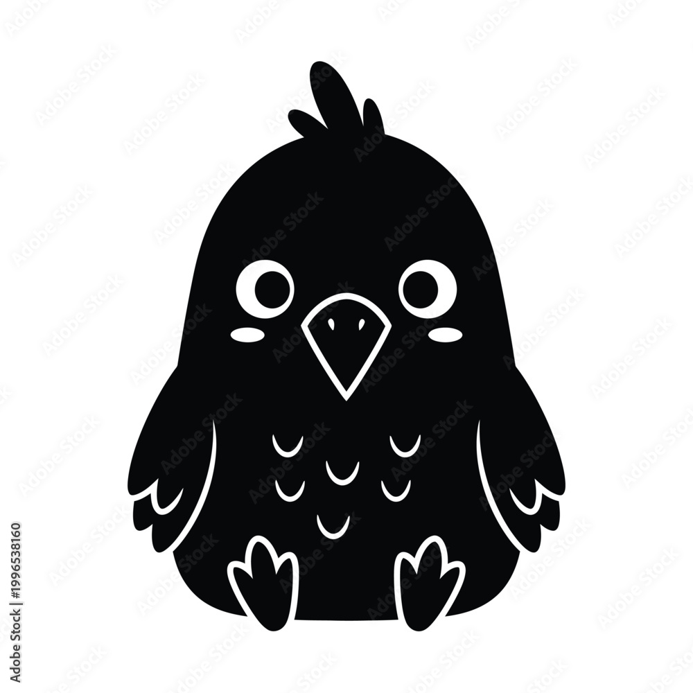Fototapeta premium Adorable cartoon black bird with large eyes and small beak illustration
