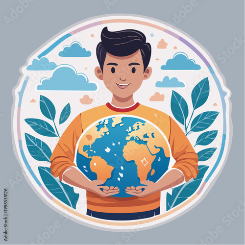 Young Man Holding Planet Earth with Leaves and Clouds