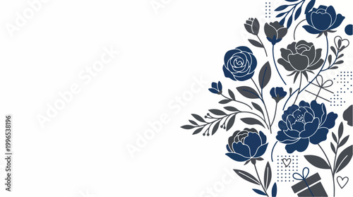 A beautiful floral design with blue flowers and leaves on a white background