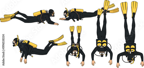 "Vector Set of Scuba Divers in Action with Diving Equipment, Underwater Exploration, and Swimming Poses"