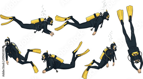 "Vector Set of Scuba Divers with Different Swimming Poses, Diving Equipment, and Underwater Action"