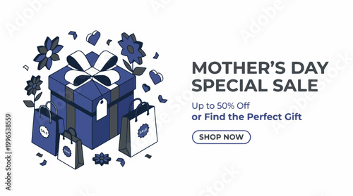 A vibrant Mother's Day sale advertisement with a blue gift box and flowers
