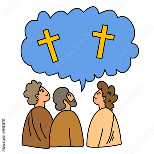 group of people looking up at holy crosses appearing in blue cloud