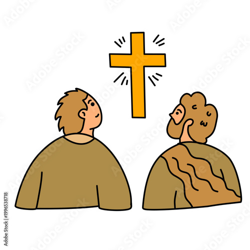 two men looking up at glowing cross in the sky with wonder