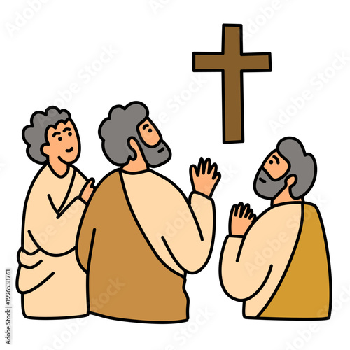 group of disciples looking up at the holy cross in worship