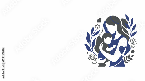 A mother tenderly holding her baby surrounded by beautiful flowers and leaves