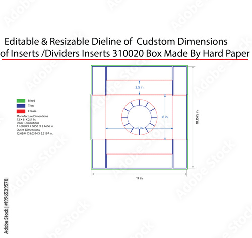 Box insert dieline template with circular cutout and dimensions