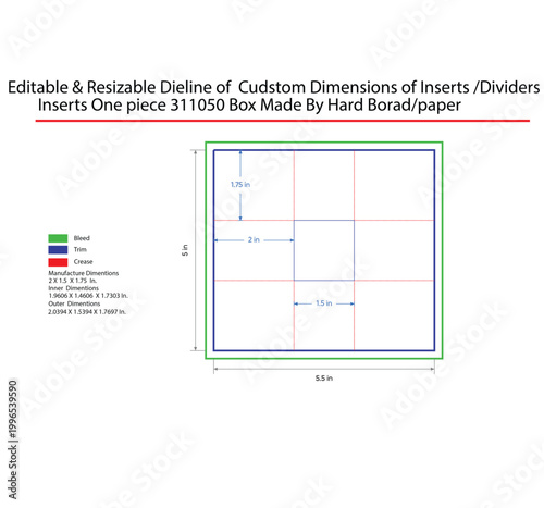 Dieline template for box insert divider with custom dimensions and measurements