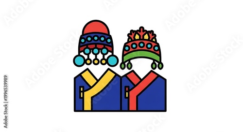 Illustration of two stylized figures, possibly depicting a couple, dressed in traditional garments and hats
