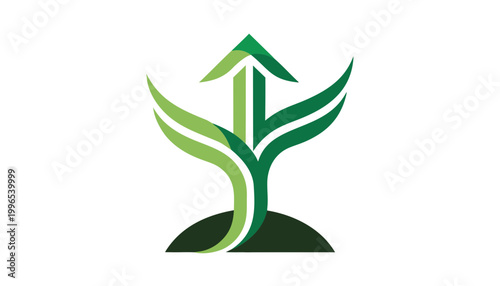 This graphic displays a minimalist green sprout emerging from the earth. Its central stem forms an upward arrow, merging botanical elements with themes of financial growth and eco-prosperity.