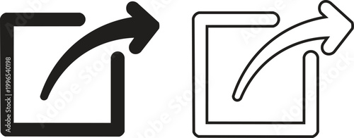 External link icon set with arrow pointing out of box, black share symbol vector, minimalist web navigation button for interface design