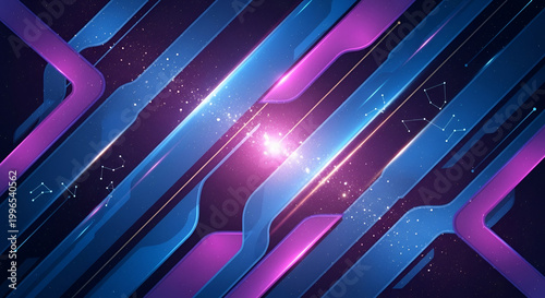 Futuristic abstract digital art with glowing neon lines and cosmic star clusters in vibrant blue and purple