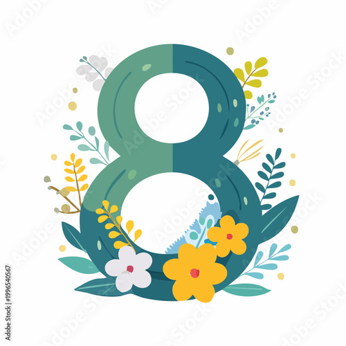 Number 8 decorated with flowers and leaves