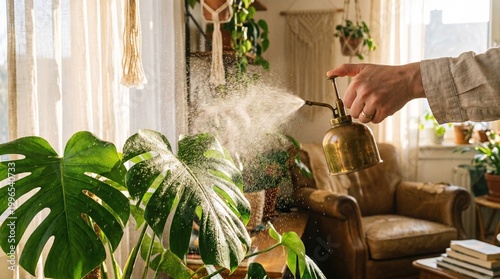 A person's hand is misting a large Monstera plant with a brass sprayer in a sunlit, cozy room filled with houseplants.