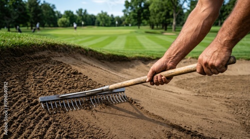 Close up of male groundskeeper hands raking sand trap on professional golf course
