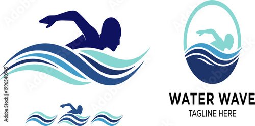 Swimming Logo Design with Abstract Water Waves and Swimmer Silhouette for Sports Branding, Aquatic Club Identity, Fitness Center, and Modern Vector Emblem