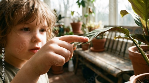A curious young boy with curly hair gently points at a vibrant green leaf of a potted plant in a bright, plant-filled indoor setting.