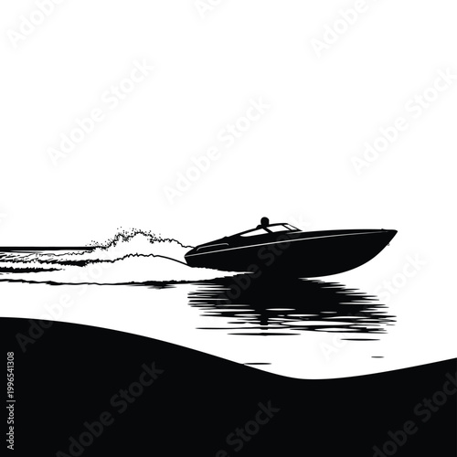 Silhouette of a powerful motorboat speeding across the calm water surface