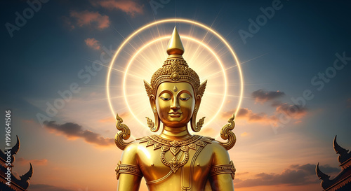 Golden Buddha statue with glowing halo against a dramatic sunset sky