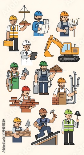 Illustration of various construction workers performing their jobs. The image includes several figures with tools and equipment in a cartoon style