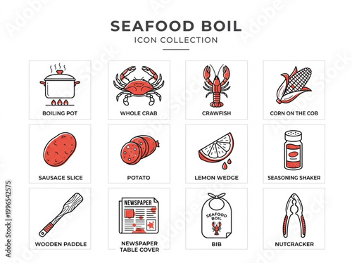 Set of twelve vibrant red and black vector icons illustrating the key ingredients and accessories for a traditional Southern seafood boil isolated on a white background