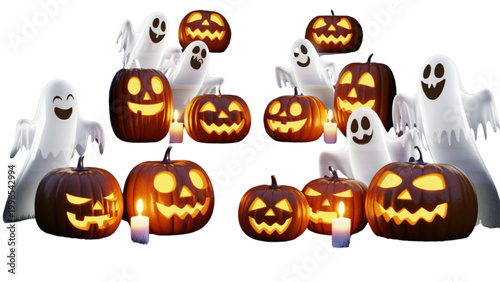 Happy smiling jack o lanterns carved with faces in a halloween display Vector