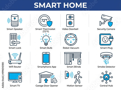 Collection of sixteen blue and black vector icons illustrating modern smart home automation systems and connected household devices for enhanced security and convenience