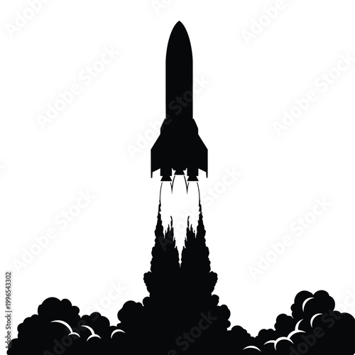 Black silhouette of a space rocket launching high into the sky