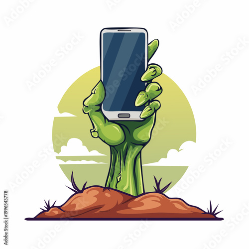 Zombie Hand Holding Smartphone Emerging from Ground