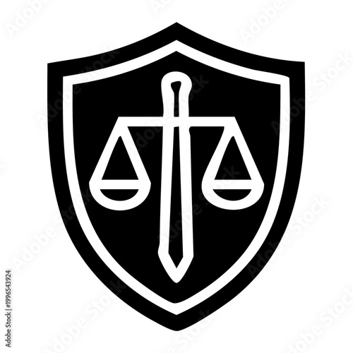 A black shield icon containing a white outline of scales of justice and a sword