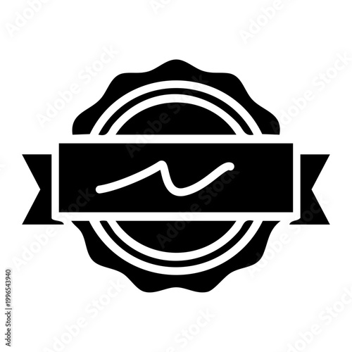 Black and white icon of a circular badge with a ribbon banner and a signature