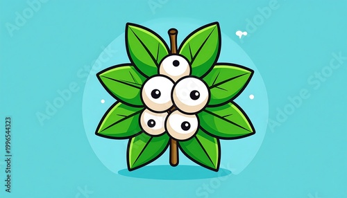 Illustration of vibrant green leaves and white berries on a stem, set against a calming light blue backdrop. Cute cartoon style