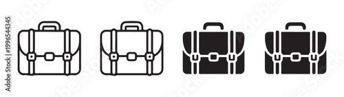 Business briefcase icon collection featuring outline and solid styles of classic office bags for work and finance.