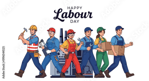 A diverse group of workers in overalls and hardhats are depicted in a vector illustration celebrating labor day, standing proudly in front of factory machinery with a bright, optimistic