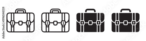 Four different styles of professional briefcase icons ranging from thin line art to bold black solid shapes set.