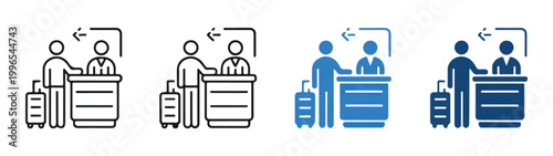 Directional airport check in icons depicting passengers at service counters with baggage and navigation sign set.