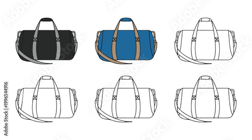 Duffle bag vector collection showing sports equipment luggage in different color variations and line art styles set.