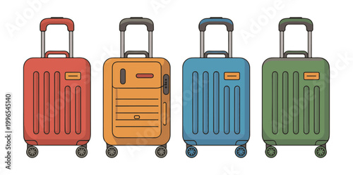 Four colorful rolling suitcase icons with different colored handles and surface textures.