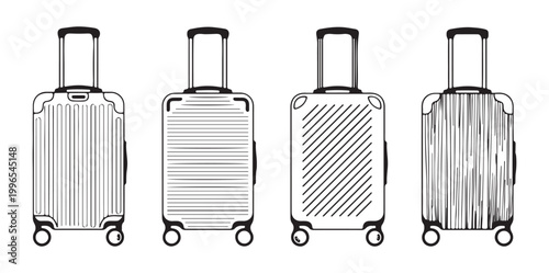 Set of four outline suitcase icons with different surface patterns in line art style.