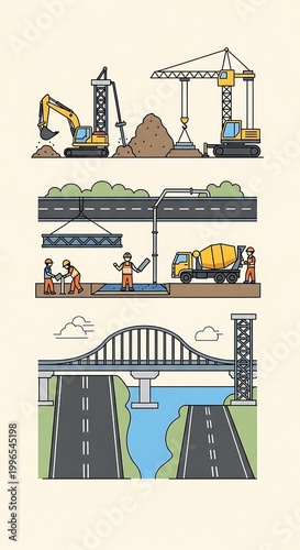 Illustration showcases a bridge construction project. It features road building, heavy machinery, workers, and a completed bridge