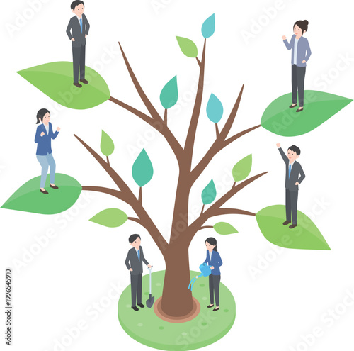 ビジネスにおける人材育成と組織の成長を木の成長に見立てたフラットデザインイラスト