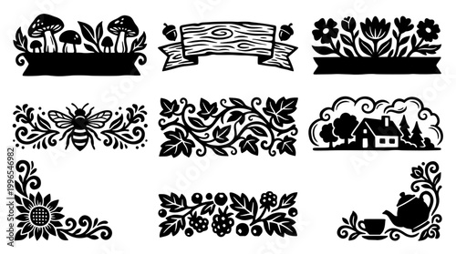 Black silhouette rustic woodland corners, borders, and text dividers vector set. Features mushrooms, bee, flowers, cottage, berries, and teapot