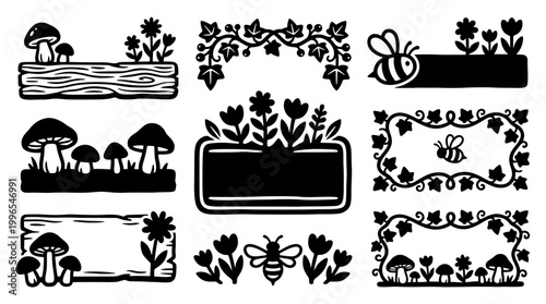 Black silhouette woodland text frames, borders, and dividers vector set. Features rustic nature elements like bees, mushrooms, wood logs, and flowers