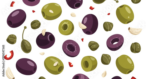 Flat vector seamless pattern of green and black olives with capers garlic and chili peppers on white background