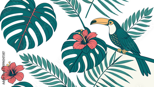 Seamless vector pattern of birds sitting on branches with flowers and leaves in a tropical nature design
