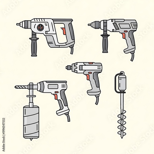 Illustration showcases a collection of diverse power drills in various sizes and styles, on a neutral background